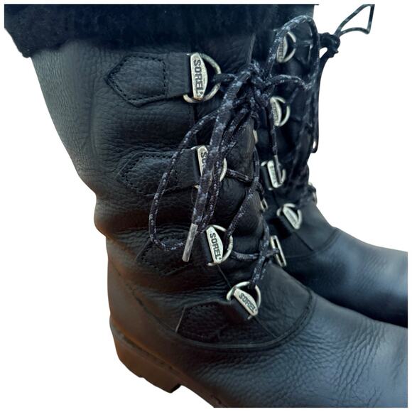 Sorel Black Leather Lined Winter Snow Boots Lace Up Warm Size 7.5 - Picture 5 of 9